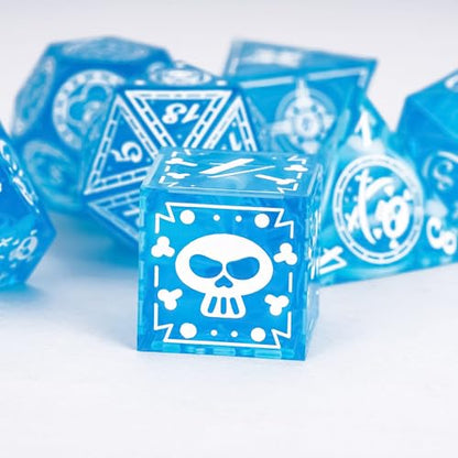 Cusdie 7-Piece Sharp Edges DND Dice Set with Pirate Design - Perfect for Tabletop RPGs Board Games Gifting and Collecting(Blue w/White Pirate Pattern) - color: Blue W/White Pirate Pattern