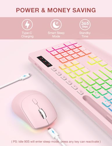 Wireless Keyboard and Mouse Combo, 9 Backlit Effects, RGB, 2.4GHz | Ergonomic Wrist Rest, Phone Holder, Rechargeable, Full Size, KM22 MAX Silent Set for Computer, Laptop, Mac, Windows (Pink) - color: Creamy Pink