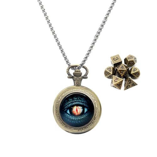 Haxtec Mini Metal DND Dice Set, Watch Case Pendant Necklace for RPG Travel | Portable 6mm Micro 7PCS D&D Dice, Antique Dragon Eye Case, DND Accessories, Unique Gifts for Dungeons and Dragons Players - color: Antique Bronze & Watch