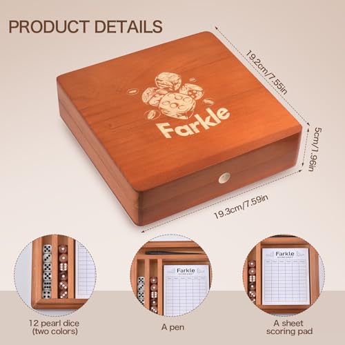 Demine Farkle Classic Dice Game Set – Wooden Dice Tray with Storage Case, 2 Sets of Dice, Score Pad, Pen Holder & Built-in Scoring Guide – Family Game Night or Gift