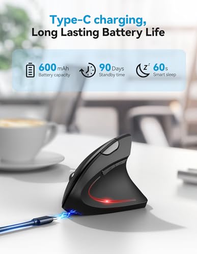 TECKNET Ergonomic Mouse with Jiggler, Bluetooth Wireless Vertical Mouse, 4800DPI Rechargeable Carpal Tunnel Mouse, Undetectable Random Movement Keeps Computers Awake for PC, Laptop, Mackbook | Built-in Jiggler Mover, Bluetooth+2.4G, Wireless Moving Mouse,