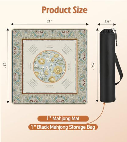 Travel Mahjong Mat Table with Rules Mah Jong Mat Neoprene Chinoiserie Floral Majong Learning Mat Instructions Mahjong Gifts Women Unique Non-Slip Rubber Pad, 21" x 21", Peacock - color: Peacock, size: 21" x 21"