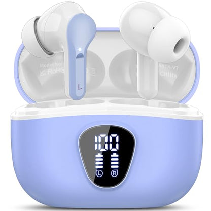 Wireless Earbuds, Bluetooth 5.4 Headphones HiFi Stereo, Bluetooth Earbuds with ENC Noise Cancelling Mic, IP7 Waterproof in Ear Earphones, 48H, LED Display Ear buds for Pad Workout Sports, White Purple - color: White Purple