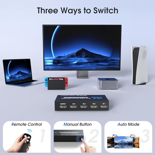 HDMI Splitter 4 in 1 Out, NerdEthos HDMI Switch with Remote LED Indicators, 4 Port Switcher Box Supports 4K@60Hz HDR10 HDCP 2.2 3D Dolby DST, for PS4 Xbox Fire Stick PC and More