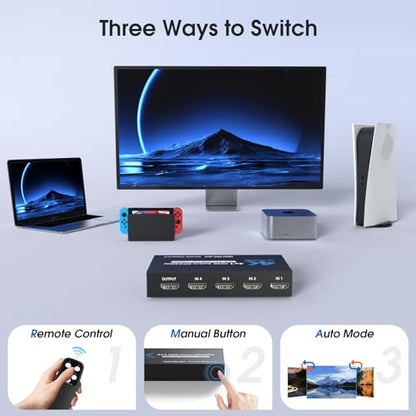 HDMI Splitter 4 in 1 Out, NerdEthos HDMI Switch with Remote LED Indicators, 4 Port Switcher Box Supports 4K@60Hz HDR10 HDCP 2.2 3D Dolby DST, for PS4 Xbox Fire Stick PC and More