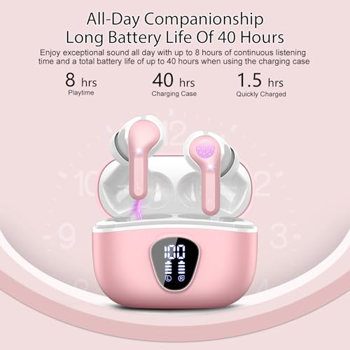 Wireless Earbuds, Bluetooth 5.4 Headphones HiFi Stereo, Bluetooth Earbuds with ENC Noise Cancelling Mic, IP7 Waterproof in Ear Earphones, 48H, LED Display Ear buds for Pad Phone Workout Sports, Pink - color: Pink