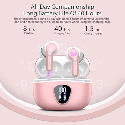 Wireless Earbuds, Bluetooth 5.4 Headphones HiFi Stereo, Bluetooth Earbuds with ENC Noise Cancelling Mic, IP7 Waterproof in Ear Earphones, 48H, LED Display Ear buds for Pad Phone Workout Sports, Pink - color: Pink