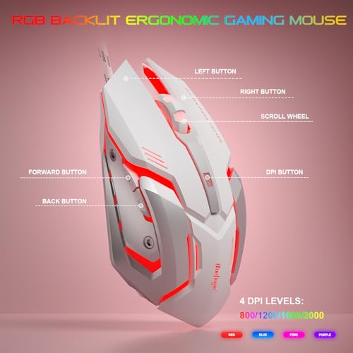 BlueFinger RGB Gaming Keyboard and Backlit Mouse and Headset Combo, USB Wired Backlit Keyboard, LED Gaming Mouse Set, Headset with Microphone for Laptop PC Computer Game and Work (Pink & White) - color: Pink & White