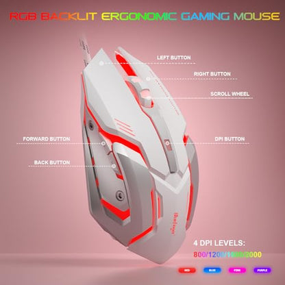 BlueFinger RGB Gaming Keyboard and Backlit Mouse and Headset Combo, USB Wired Backlit Keyboard, LED Gaming Mouse Set, Headset with Microphone for Laptop PC Computer Game and Work (Pink & White) - color: Pink & White