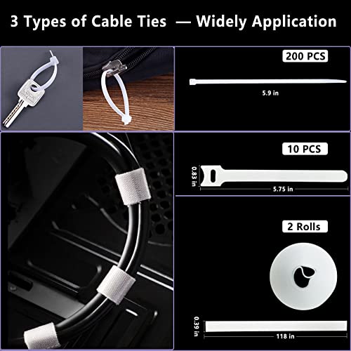 White Cable Management Organizer Kit 4 Cable Sleeve Split 311Pcs | 47Cable Clips 12Cord Clips Holder,22 Cable Ties, 20 adhesive Wall cable Tie, 200Fasten Cable Ties for TV Electronics - size: 322 PCS