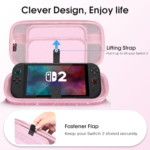 FINTIE Carrying Case for Nintendo Switch 2 (2025), Shockproof Hard Shell Switch 2 Case, Protective Cover Travel Bag with 19 Game Card & 2 Micro SD Card Slots & Inner Pocket, Glittering Pink - color: Glittering Pink