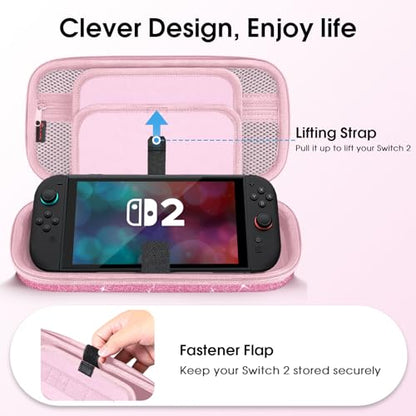 FINTIE Carrying Case for Nintendo Switch 2 (2025), Shockproof Hard Shell Switch 2 Case, Protective Cover Travel Bag with 19 Game Card & 2 Micro SD Card Slots & Inner Pocket, Glittering Pink - color: Glittering Pink