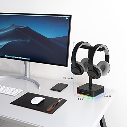 KAFRI RGB Dual Headphone Stand with USB C Charger Desk Gaming Double Headset Holder Hanger Rack with 3 USB Charging Port and 2 Outlet - Suitable for Gamer Desktop Table Game Earphone Accessories Gift - color: B-DUAL STAND