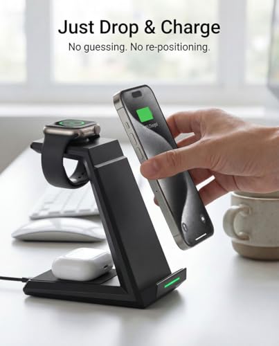 Wireless Charging Station for iPhone - ADADPU 3 in 1 Charger Stand for iPhone 17 16 15 14 13 12 11 Pro Max XR 8 Plus, for Apple Watch 8/7/SE/6/5/4/3/2, AirPods Pro/3/2(with 5ft Cable and 20W Adapter)