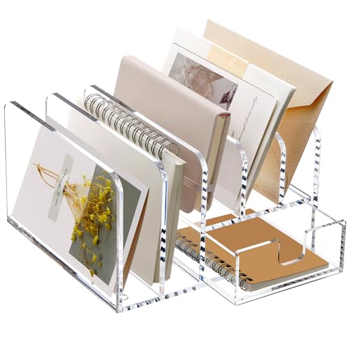 SANRUI Acrylic Mail Sorter Desktop Organizer Holder with Drawer, 5 Compartments Clear Small File Script Letter Document Storage for Desk Bill Filling Envelope Holder Office, Home, School Organization - size: 5 Compartments with Drawers