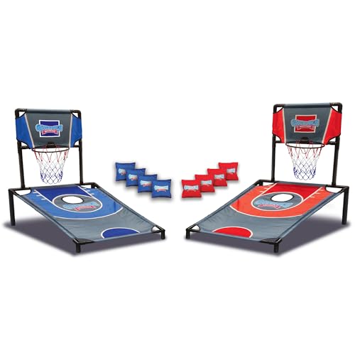 Sports Basketball Net Cornhole Board Set, Basketball & Cornhole in One, Includes 8 Red/Blue Bean Bags, Convenient Carrying Case, Tailgating Fun