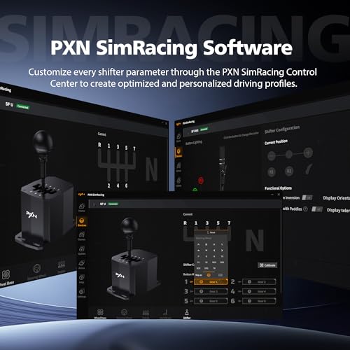 PXN SF U H-Pattern Shifter, 7+R CNC Metal Gear Shifter | Dual Hall Sensors, Spring-Ball Mechanism, USB & PXN Base Compatible for PC Sim Racing