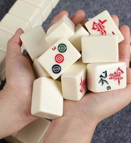 Mahjong Set,Chinese Mahjong Game Set with Carrying Travel Case, 1.5'' Large 146 Tiles with Arabic Numerals, 2 Dice and a Wind Indicator,Mah Jongg Set - color: Ivory
