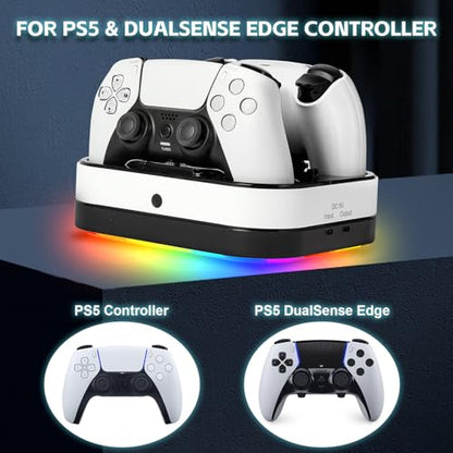 Puning PS5 Controller Charger Station,Fast Charging Dual PS5 Controller Stand Compatible with PlayStation 5 Dualsense Edge Gamepad & 9 RGB LED Lights and Cable