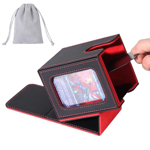 AFIING MTG Deck Box for Commander Display,Card Deck Box Fits 100 Double Sleeved Cards, Magic Commander TCG Card Storage Box with 2 Dividers,Drawstring Bag and 1 Toploader(Black/Red) - color: Commander Black Red