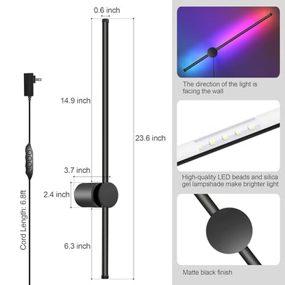 RGB LED Wall Sconces Set of Two with Remote, 15 Color Modes, Dimming, DIY 180° Rotate, Black Plug in Wall Sconces with Warm Light, Dynamic Multicolor Ambience Lights, Plug in Wall Light, 23.6 Inches
