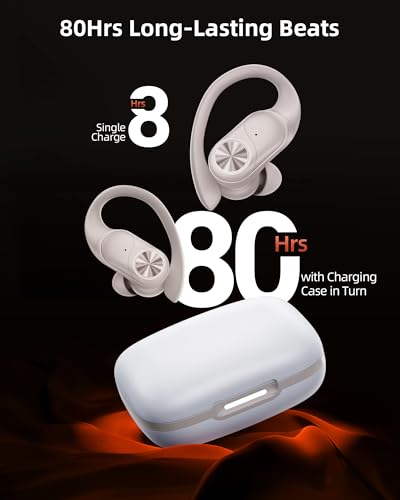 PocBuds Bluetooth Headphones Wireless Earbuds 80hrs Playtime Wireless Charging Case Digital Display Sport Ear Buds with Earhook Deep Bass IPX7 Waterproof Over-Ear Earphones for Phone Laptop Beige - color: Beige, style: Standard