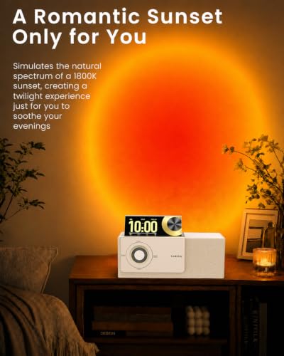 GoldJoy 7 in 1 Bluetooth Speaker Wireless Charging Station for Home Gift | Sound with Punchy Bass, Sunset Lamp & White Noise for Sleep, Smart Flip-Up LCD Display, Clock Syncs Phone's Time and Date - color: Beige