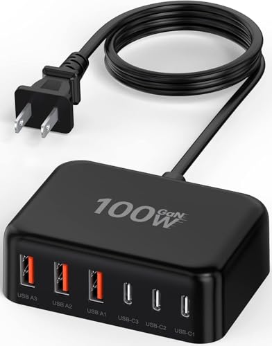 6 in 1 USB Charger, 50% Smaller Charging Station for Multiple Devices, 100W Fast Charging Blocks with Type C Ports, USB Charging Hub Organizer Multiport Power Strip for iPhone, Ipad, Kindle, Travel - color: B-Black