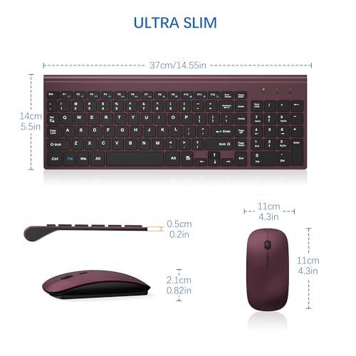 Wireless Keyboard and Mouse Ultra Slim Combo, TopMate 2.4G Silent Compact USB 2400DPI Mouse and Scissor Switch Keyboard Set with Cover, Batteries Included, for PC/Laptop/Windows/Mac - Wine Black - color: Wine Black