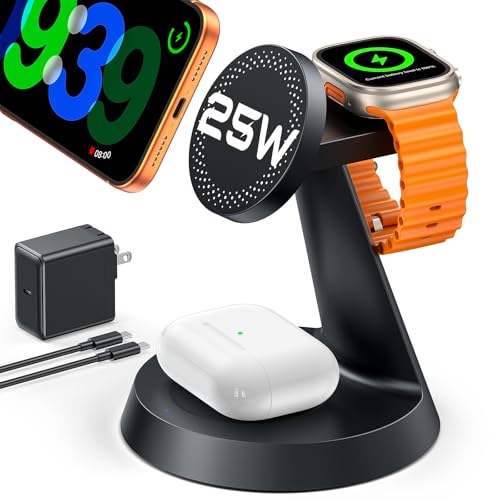 25W Fast Charging Station Designed for MagSafe Charger for iPhone 17 16 Series, 3 in 1 Magnetic Wireless Charging Stand with 45W Adapter for iWatch & Earbuds, Charger Dock with Heat Dissipation - size: 25W Max for Phone
