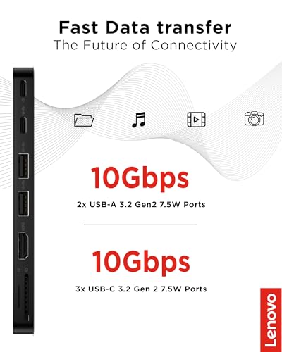 Lenovo USB-C Slim Travel Dock, 8 Ports, Up to 65W PD Pass Through, Integrated USB-C Cable, 4K Display Support, Black - style: Slim Travel Dock