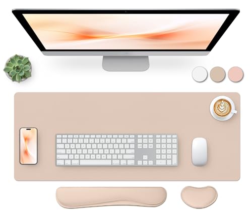 Bloss Leather Desk Pad and Keyboard Wrist Rest, Large Mouse Pad + Keyboard Pad+Mouse Wrist Support, Non-Slip Desk Mat Protector for Office, Home(27.6" x 13.8", Beige) - color: Beige-wrist Rest, size: 27.6" x 13.8"