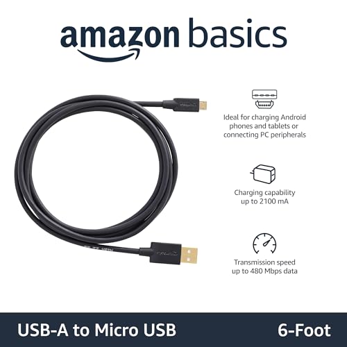 Amazon Basics 5-Pack USB-A to Micro USB Charging Cable for Android Phones and Tablets, 480Mbps Data Transfer, Gold-Plated Plugs, USB 2.0, 6 Foot, Black - size: 6 Feet, style: 5-Pack