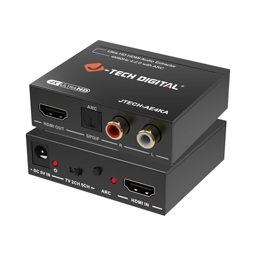 J-Tech Digital 4K@60Hz HDMI Audio Extractor with ARC, HDMI to RCA & Optical Converter, Dolby Digital/DTS Stereo Support for TV, Gaming Consoles, Blu-ray, Laptop [JTECH-AE4KA]