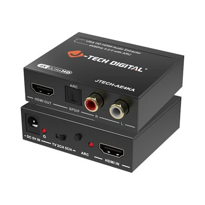 J-Tech Digital 4K@60Hz HDMI Audio Extractor with ARC, HDMI to RCA & Optical Converter, Dolby Digital/DTS Stereo Support for TV, Gaming Consoles, Blu-ray, Laptop [JTECH-AE4KA]