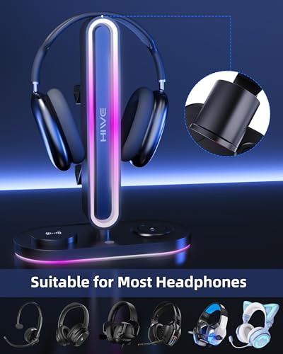 Headphone Stand, Dual Controller Holder, MagSafe Charger for iPhone/iWatch | RGB Gaming Headset Stand for All Headphones, Dual Outputs, ABS Solid Base, Adapter Included, Table Desk Organizer - color: Black with RGB