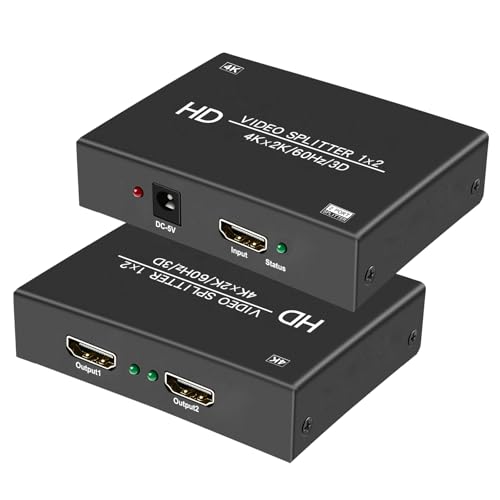 4K@60Hz 1x2 HDMI Splitter 1 in 2 Out RGB 4:4:4, 18 Gbps, 2 Port Powered HDMI 2.0 Splitters for Dual Monitors, Support Duplication/Mirror/Copy Screens (Not Extend) for Xbox/ PS5/HDTV/Laptop/Projector. - size: 1x2 splitter 4K@60Hz
