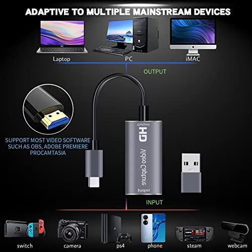 4K HDMI Capture Card, Cam Link Video Capture Card HDMI to 1080P Type-C for Windows Mac OS System for Streaming Gaming Meeting with USB C Adapter to Adjust PS3 4, Switch, Xbox