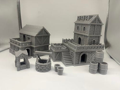 HAUTICO Middle Ages Medieval Town Buildings Terrain Set for Miniatures Tabletop Campaigns, Hobby Building, Diorama Kits, 3D Printed and Paintable, Gift for Tabletop Hobby Enthusiasts (18mm)