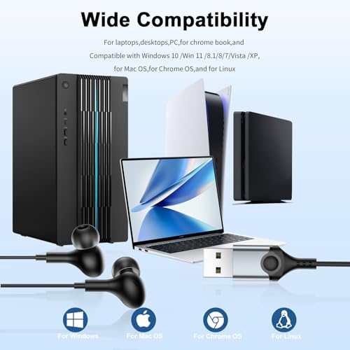 USB Earbuds with Microphone for PC Laptop,Wired USBA Headset with Mic in Ear Buds Noise Isolating Light Laptop Earphones Headphones for Dell HP Surface Computer Office Zoom Work Gaming School,Black - color: Black