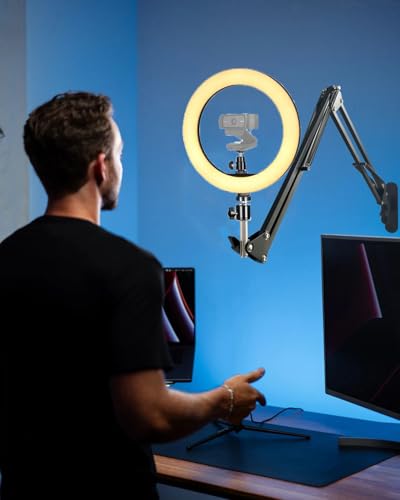 Upgraded Webcam Wall Mount Selfie Light, 10'' Ring Light with Boom Arm Webcam Wall Stand Holder Compatible with Logitech C920/MX Brio 4K/StreamCam/Brio pro X 4K/C930/C922/C925e/C615/Brio 500 webcams