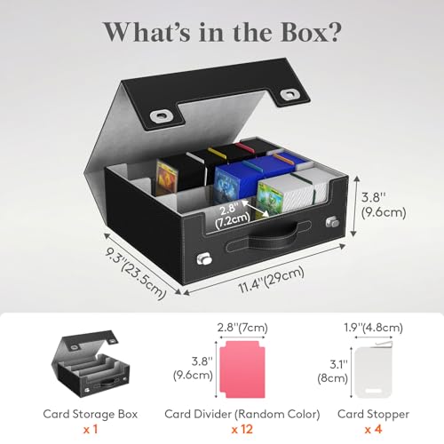 Lifewit Trading Card Storage Box with Handle, Holds Up to 1800 Sleeved Cards with 12 Adujstable Dividers & 4 Stoppers, Aluminum Closure PU Leather Case for MTG, PTCG, YGO, Sports Cards, Black& Gray - color: Black&Gray
