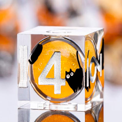 DND Cat Dice Set Green Sharp Edge Dice with Box, RPG D and D Dice Dungeons Dragons Role Playing Game Polyhedral Resin Dice Set D20 D12 D10 D8 D6 D4 - color: Orange