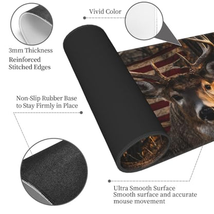 American Flag Whitetail Deer Mouse Pad, X-Large Gaming Desk Mat (31.5 x 11.8 in), Non-Slip Rubber Base Extended Mousepad with Stitched Edges for Office & Home - color: 26