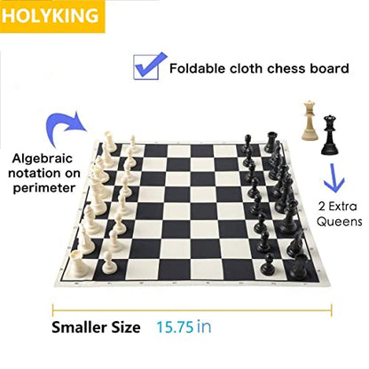 HOLYKING Portable Compact Travel Chess Set 15.7'' No-Wrinkle Fabric Chessboard, Rollup and Easy Carry, Lightweight Chess Game for Kids Adults Beginners - size: 15.7 Inches