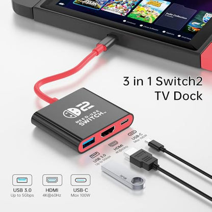GOPALA Switch 2 Dock, 4k@60Hz for Nintendo Switch 2 Dock for New Version 21.1.0, Plug and Play Switch 2 Portable Dock, 3-in-1 Switch 2 Travel Dock Compatible with Switch 2/Switch 1/OLED/Steam Deck - color: Black+Red