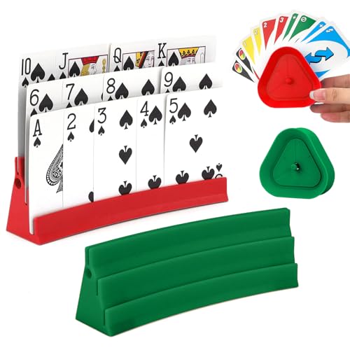 4-Pack Card Holder for Playing Cards 3-Layer Durable Storage Tray for Poker, UNO & Game Nights Travel-Friendly Organizer for Kids & Adults - color: Red & Green