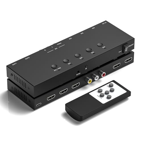 2-in-1 HDMI & AV Switcher,3 HDMI+1 RCA Inputs with 2 HDMIOutput,Support HDCP 2.2, 3D, 4:3/16:9 Aspect Ratio, Compatible with Xbox/Nintendo Switch/PS5/4,Roku/Wii/N64–Play Modern & Retro Games on 2 TV - size: 3 HDMI+1 RCA Inputs & 2 HDMI Output