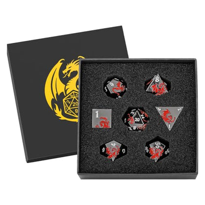 Metal Dice Set, Flat Face Black Red Dragon Pattern, 7pcs Polyhedral Metal DND Dice Set, DND Starter Set, D&D Gifts with Gift Box, Role Playing Board Games Accessories, Black - color: Black+red