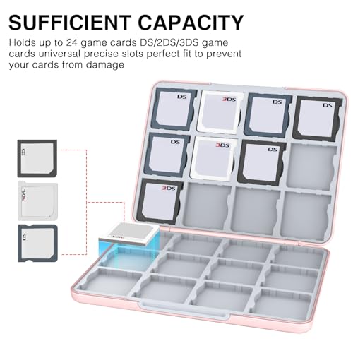 HEIYING 3DS Card Case with 24 Precise Slots for DS 2DS 3DS Game Cards | Portable Game Cards Case, Hard ABS Shell with Soft Silicone Lining, Precise Card Slots,Magnetic Closure for Easy Access - color: Pink